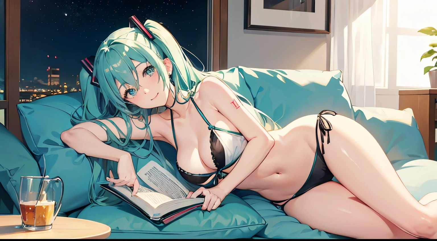 Hatsune Miku in a bikini reading on the sofa、Large Breasts、Night view、smile