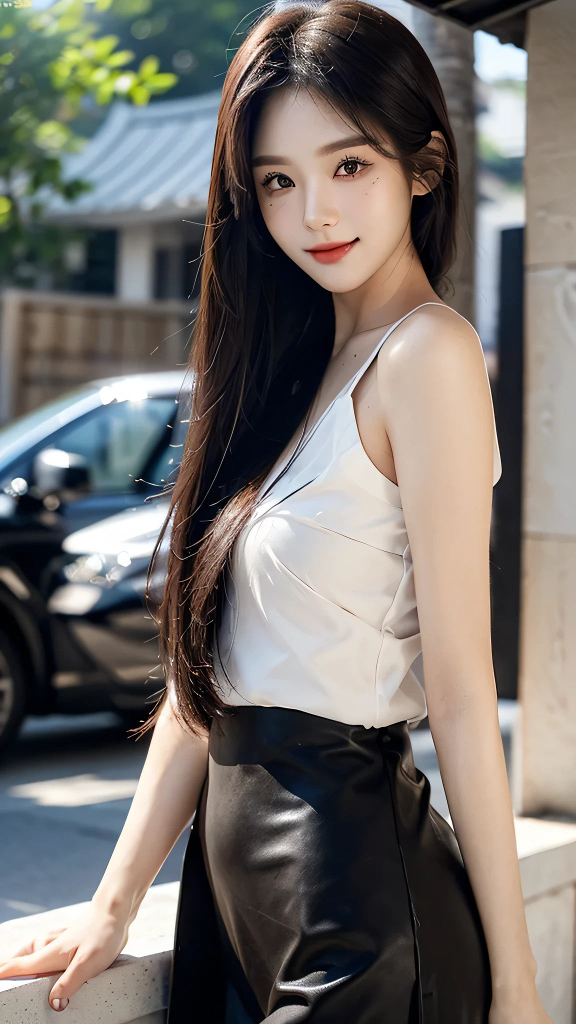 ​masterpiece、top-quality)、1 beutiful girl、((Wearing black sunglasses )), (Detailed beautiful eyes), ((Detailed skin)) , ((Detailed medium hair)), Walk around the store、((Boyish Brown Medium Hair))、((Smaller face))、((Neutral face))、((Face seen from the side))、((Light brown eyes))、((Korean Girl))、((18year old))、((cool lady))、((A shy smile on his face))、((Korean Makeup))、((elongated and sharp eyes))、((Happy dating))、((boyish))、((Shot from the same height as your face)、on the white villa ), ((CG rendering)), ((Blurred background)), ((16K)),  ((Very detailed)), ((wallpaper)), ((depth of field)), ((movie light)), (( Ray tracing)).