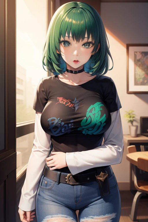 fembyleth, light green hair ,glossy lips , 1girl, solo, standing, black t-shirt, white shirt, blue jeans, belt, lipstick, large breasts, layered sleeves