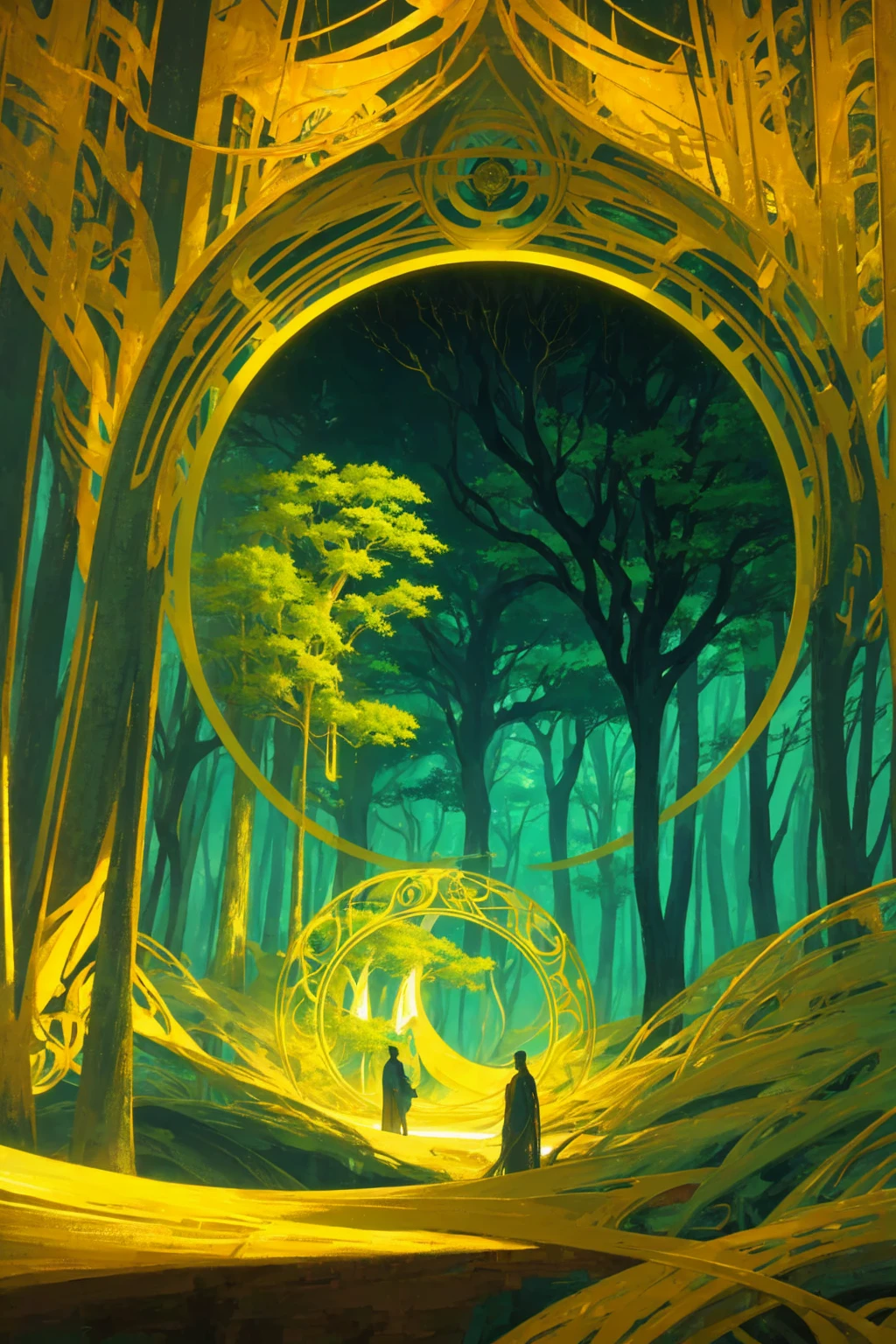 opening of the mind into utopia, utopiasphere, abstract art, trees, circular warm colors contrasting with nature, long landscape of beauty and balance, (dark green flow of a background), (golden machinery), (golden machinery organs of body)