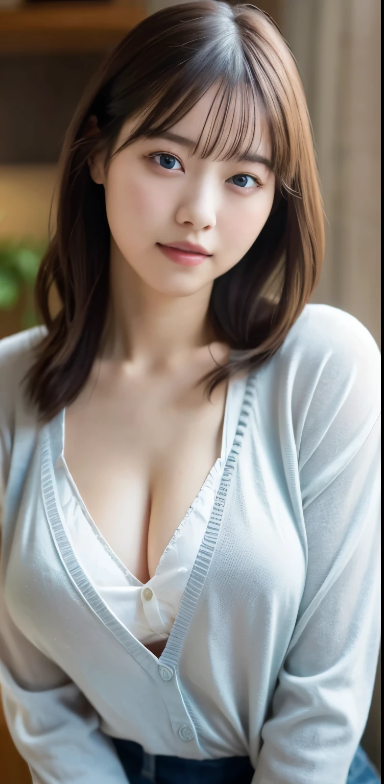 (8k), (highest quality: 1.2), (Realistic), (Realistic: 1.37), Ultra-high resolution, 1 girl, Head to knee photo、cute, smile, Mouth closed, Beautiful details, Beautiful Nose, whole body, Wet Hair, Giant Dulcefo, pork, , (Large Breasts)、Saggy breasts、Soft Breasts、Overflowing breasts、White blouse and greyish knit cardigan、隠しきれないLarge Breasts、Voluptuous thighs、Odd Eye、Heterochromia iridis