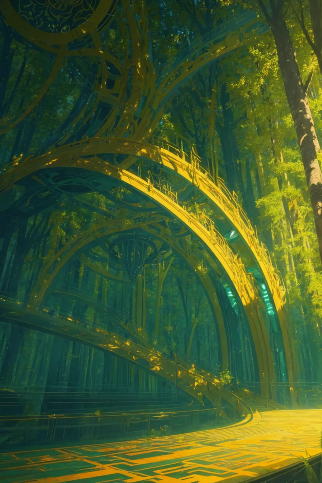 opening of the mind into utopia, utopiasphere, abstract art, trees, circular warm colors contrasting with nature, long landscape of beauty and balance, (dark green flow of a background), (golden machinery), (golden machinery organs of body)
