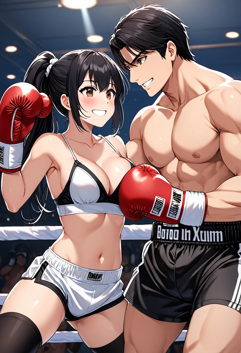 high quality, girl, Long black hair tied into a ponytail, Brown eyes, Smile,blush,Wearing black low-cut underwear, Black stockings,Black briefs,Wearing white boxing gloves, Hands in boxing gloves,Cross your arms,Cleavage,nipple,Ride on the opponent and punch him hard