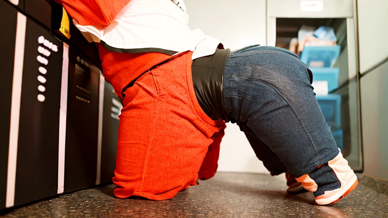 brunette ssbbw wearing leggings and a hoodie with glasses and a baseball cap stuck in the washing machine, view from behind