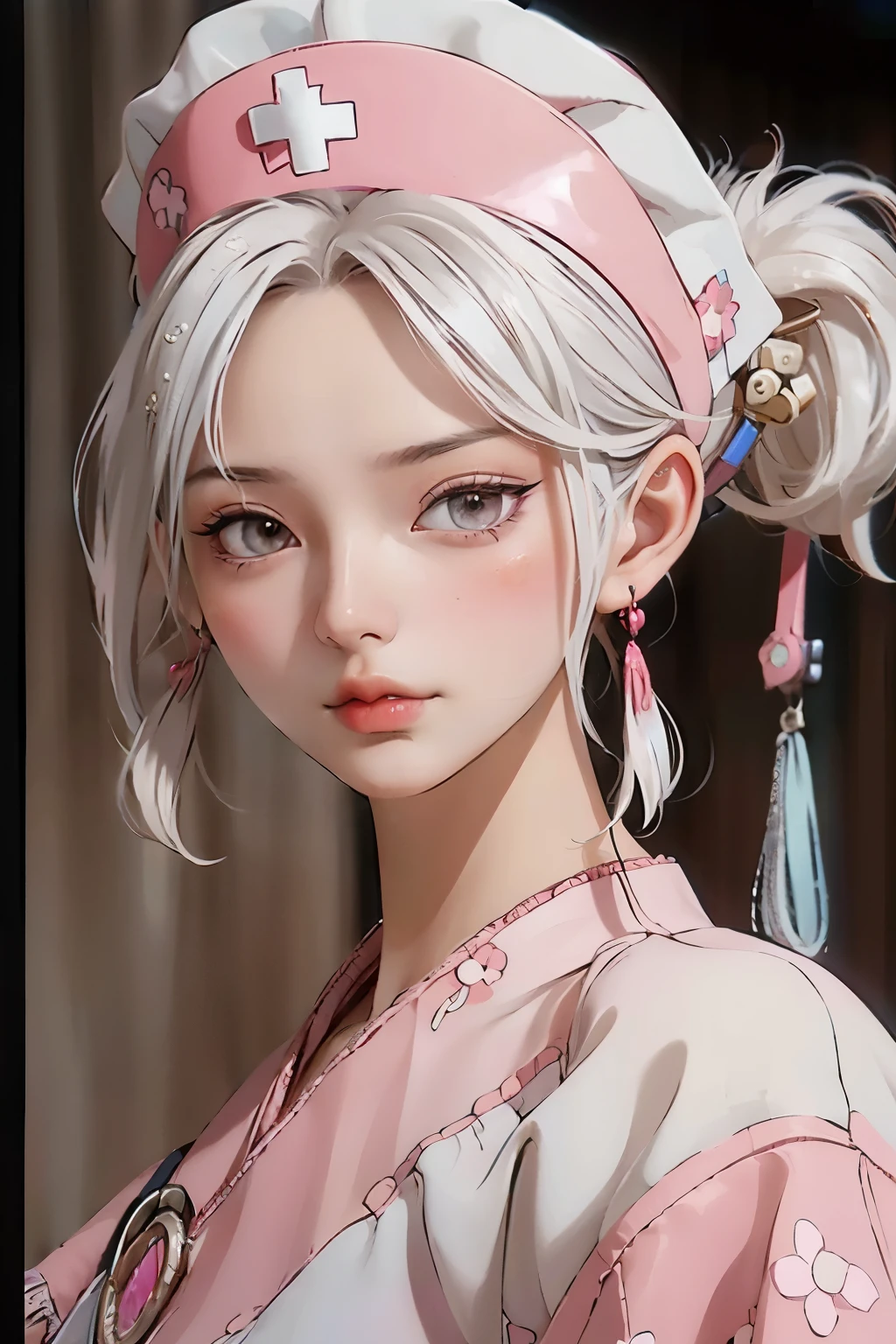 (close up:1.5) shot, upper body, detailed face, pink nails, masterpiece, elegance, (1 girl:1.1), solo, (a beautiful 20 age years old sexy girl:1.2), instagram, (kpop idol, korean mixed), (white hair:1.3), (50mm Sigma f/1.4 ZEISS lens, F1.4, 1/800s, ISO 100, photograpy:1.1), (medium breast:1.1), (photorealistic:0.8), (hospital:1.2), sunshine, standing, (sexy nurse, nurse cap :1.2), earrings