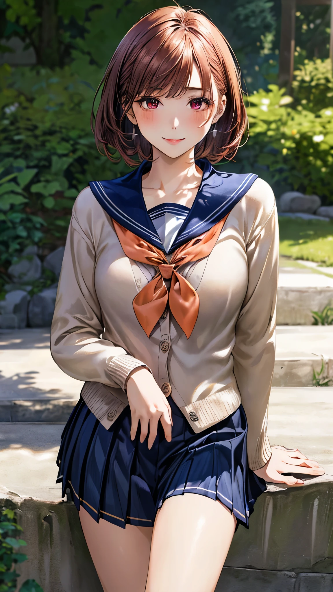(masterpiece:1.3, top-quality, ultra high res, ultra detailed), (realistic, photorealistic:1.4), beautiful illustration, perfect lighting, natural lighting, colorful, depth of fields, surrealism, 
beautiful detailed hair, beautiful detailed face, beautiful detailed eyes, beautiful clavicle, beautiful body, beautiful chest, beautiful thigh, beautiful legs, beautiful fingers, shiny skin, 
looking at viewer, 1 girl, japanese, high school girl, (perfect anatomy, anatomically correct, super detailed skin), cute and symmetrical face, babyface, perfect face, perfect eyes, perfect fingers,
(short hair, straight hair, long sideburns, copper tone hair), asymmetrical bangs, maroon eyes, long eyelashes, (medium breasts, seductive thighs), glamorous body, outstanding style, 
(detailed cloth texture, (cute, long sleeves, break, navy pleated skirt, sailor collar, break, orange sailor scarf, break, light orange cardigan), break, hair clips, white socks), 
(beautiful scenery), (grassy), standing, (pretty smile), 
