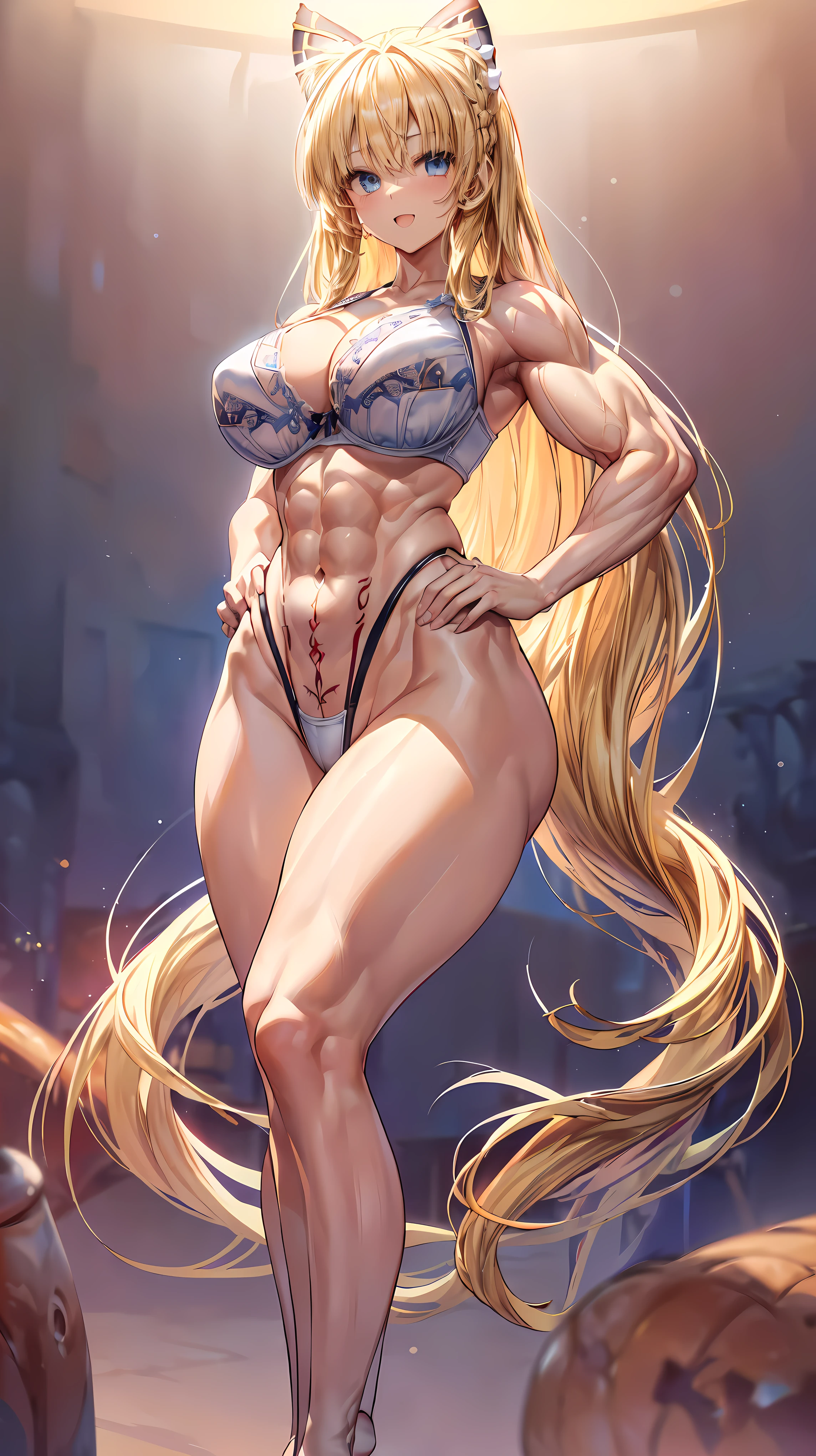 Very detailed、highest quality、Best image quality、masterpiece、8k、Anime Face、A kind smile、(Open your mouth:1.3)、Sparkling blue eyes、(Blonde semi-long hair:1.5)、(Muscles of the whole body:1.3)、(highleg:2.0)、Thigh belt、(Cowboy Shot:1.5)、(SFW Giant)、(Thick body:1.2)、(bra:1.5)、(sxspnts)、(Hands on hips:1.1)