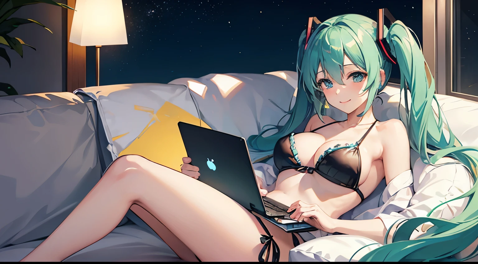 Hatsune Miku in a bikini studying on a laptop on the sofa、Large Breasts、Night view、smile