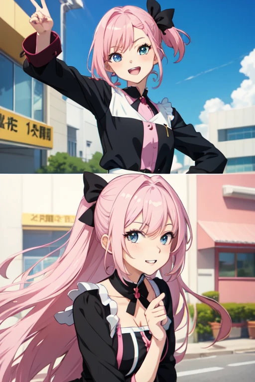Anime girl with pink hair and black dress with a bow, anime visual of a cute girl, in an anime, sakura haruno, as an anime character, she has a cute expressive face, slightly happy facial expression, lolish, best anime girl, anime girl named lucy, in anime movie, in anime masterpiece, pudica pose, anime still frame