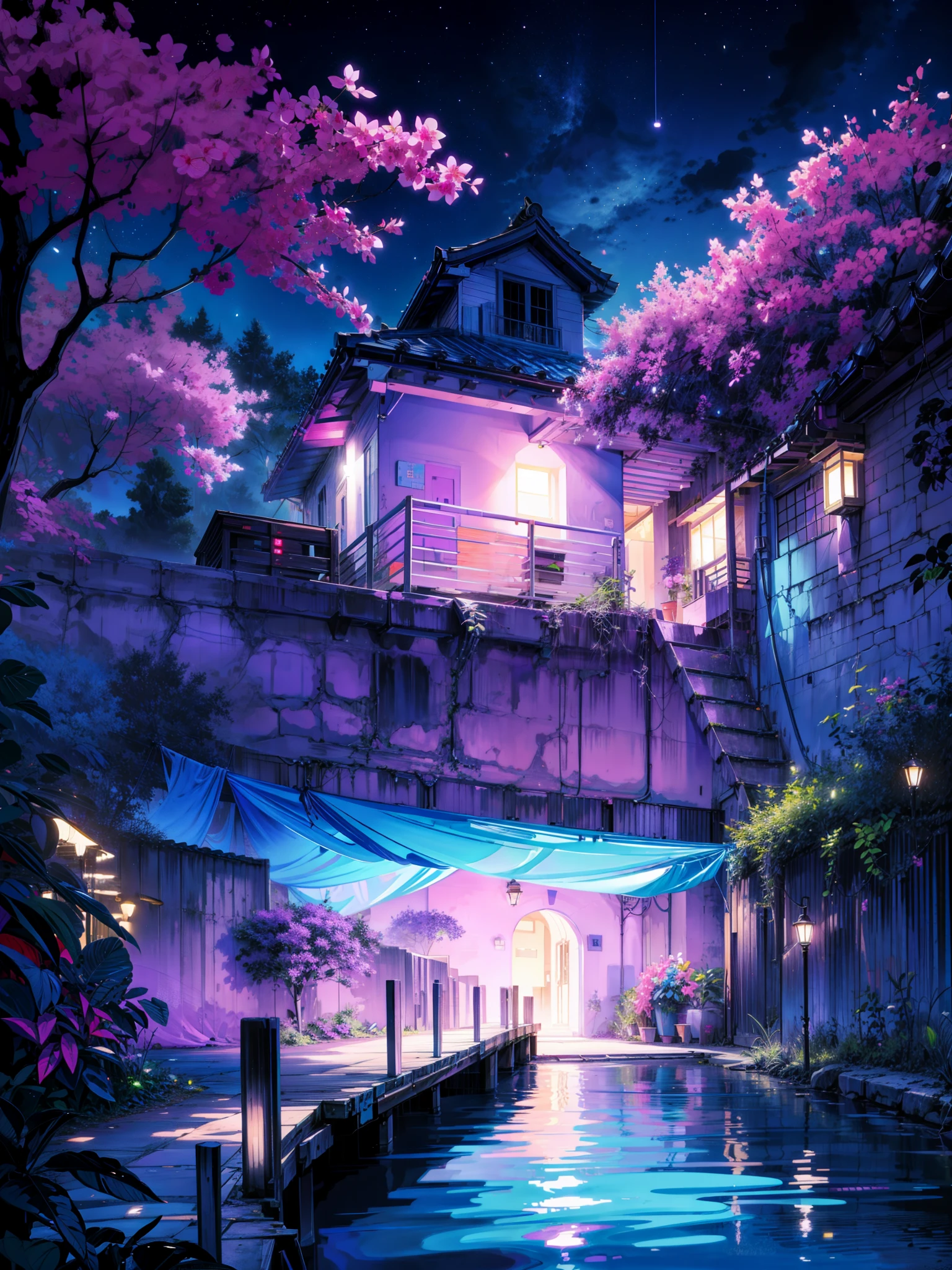 neon painting ((purple ,light blue )) moonlight,Port area, Bougainville decoration , , moonlight, river, moonlight reflection,UHD 4K beautiful art, beautiful art illustrations, beautiful digital paintings, Highly detailed digital drawing, Beautiful digital artwork, 4k detailed coloring, Very detailed digital painting, So many beautiful colors, Spectacular digital painting, no human