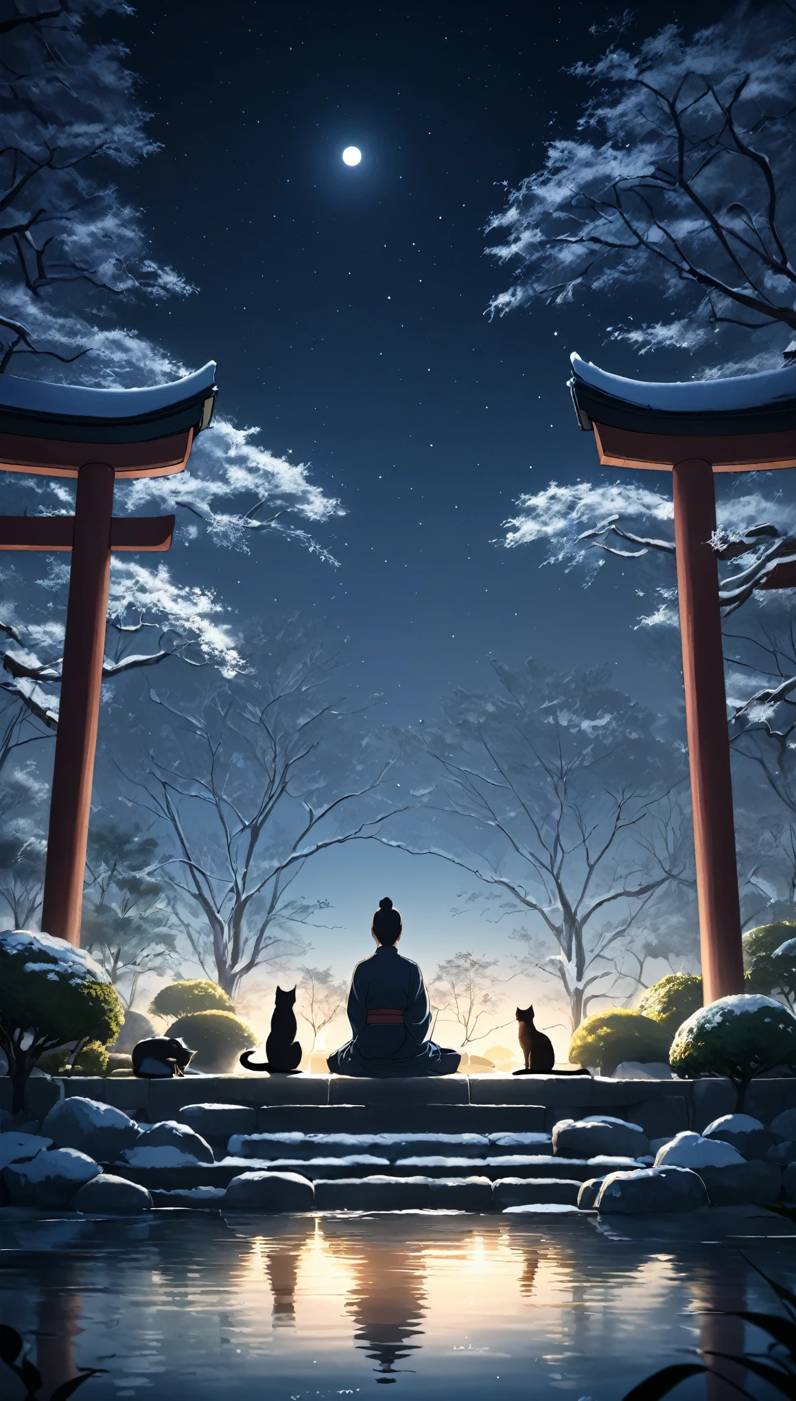 Pessoa oriental meditando cercada de gatos. The setting is a Japanese winter garden, sob a luz do luar. Belo landscape com um jardim de inverno.   night sky. cinematic lighting. Pessoa meditando. meditation 