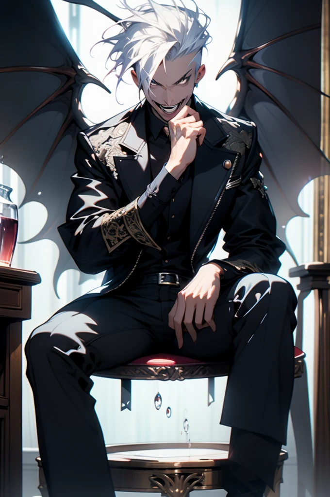 a artegem Androgynous smiling man, sorriso mad, dynamic pose with a gargoyle with wings on the arm, crepusculo branco no cabelo, beautiful high level of pa pasteurization high level, man muscular, sitting at a table with a glass of wine, epic splash cover art, pastel goth aesthetic, ios, poggers, ) ominous vibes, sorriso mad, detalhes neon, cobalt, girl screamin yolo - aesthetic, 7 7 7 7, skullish, cr3, the best on cgsociety, gloomy library, guilt, gamedev, Niji_smile:1> ar----16:9