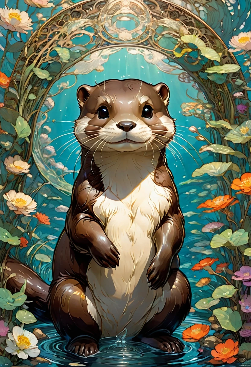 (an Otter), by Studio Ghibli and Alphonse Mucha, best quality, masterpiece, very aesthetic, perfect composition, intricate details, ultra-detailed