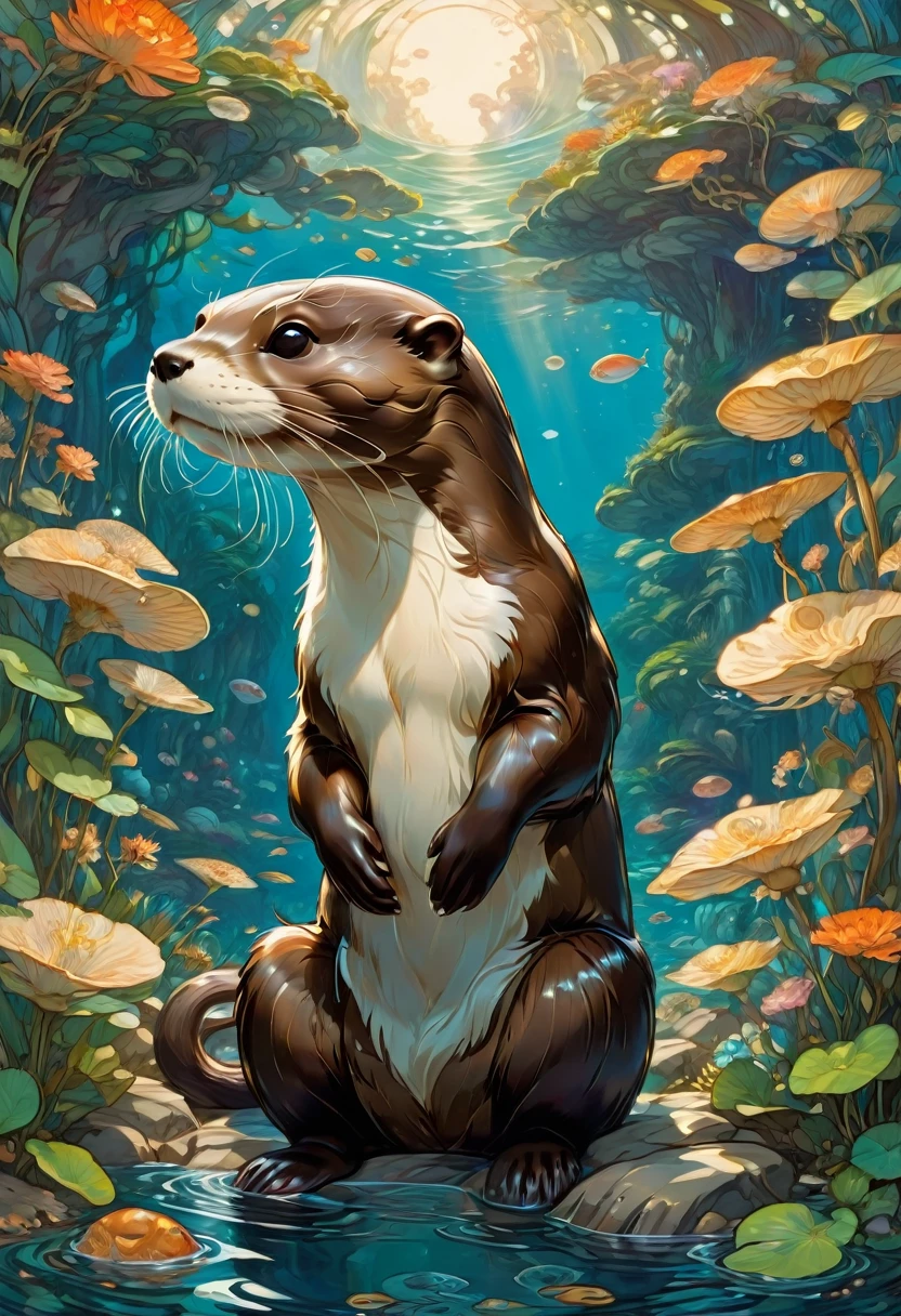 (an Otter), by Studio Ghibli and Alphonse Mucha, best quality, masterpiece, very aesthetic, perfect composition, intricate details, ultra-detailed