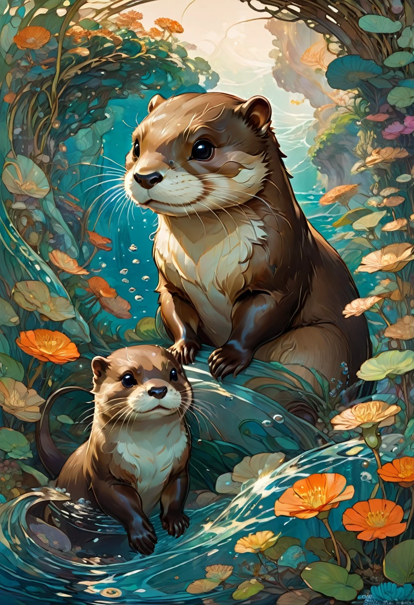 (an Otter), by Studio Ghibli and Alphonse Mucha, best quality, masterpiece, very aesthetic, perfect composition, intricate details, ultra-detailed