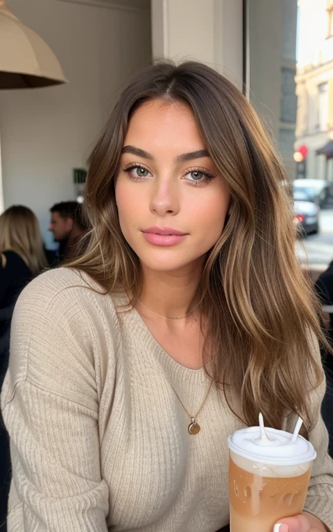 Tout le corps debout, Belle brune aux reflets blonds portant un pull beige (in a cafe drinking soda), Very detailed, 22 ans, , , visage de coquin, natural wavy hair, yeux bleus, High resolution, chef-d&#39;artwork, best quality, intricate details, Very detailed, sharpness, detailed skin, texture de peau réaliste, texture, Detailed eyes, professionnel, 4k, sourire charmant, shot with Canon, 85mm, faible profondeur de champ, Couleur de vision Kodak, corps parfaitement ajusté , extremely detailed, la photographie_\(ultra\), photorealistic, Realistic, Post-traitement, maximum details, roughness, vrai vie, ultra realistic, photorealism, la photographie, 8k euh, la photographie, gros sein, coquin, allumeuse