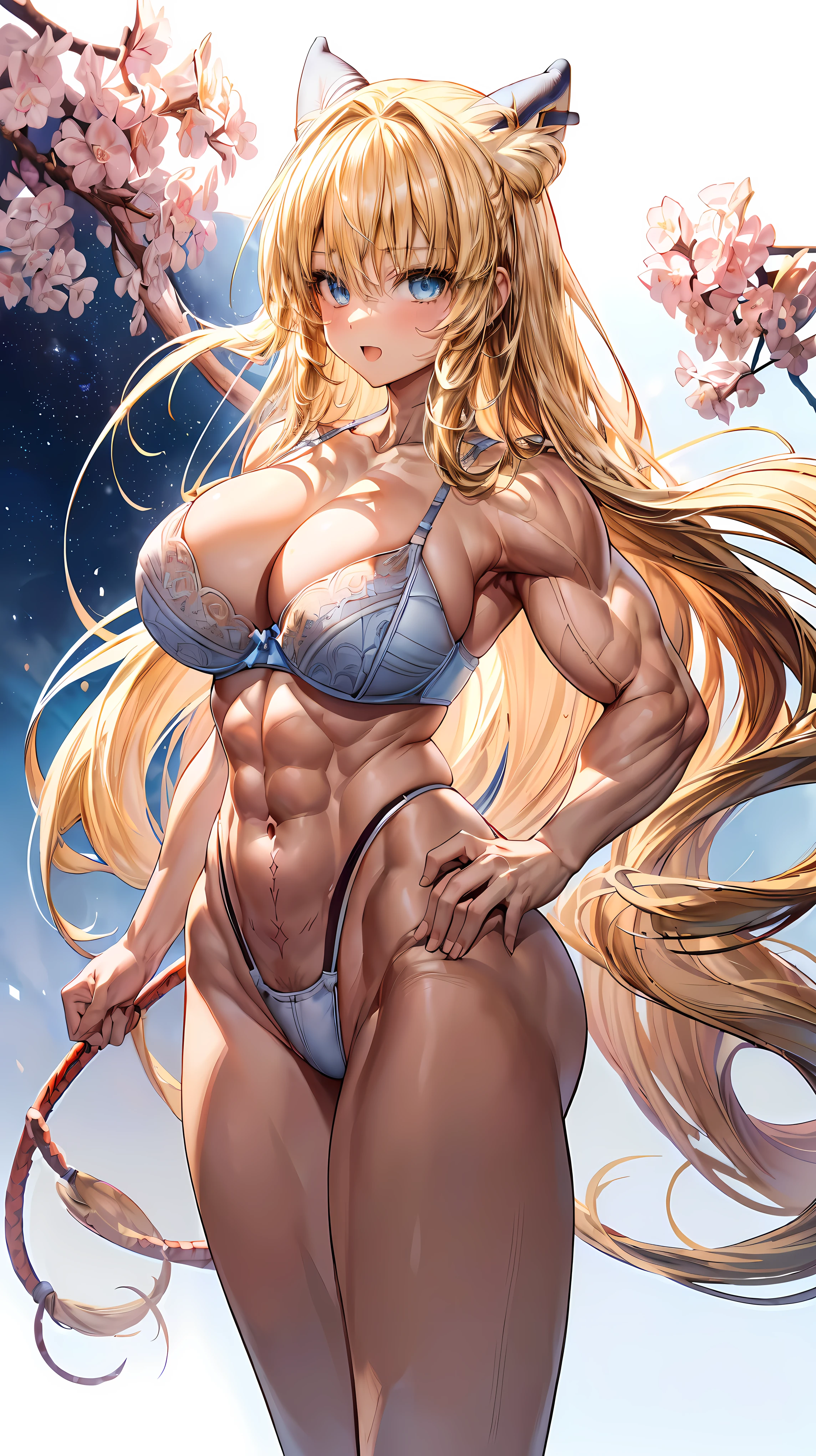 Very detailed、highest quality、Best image quality、masterpiece、8k、Anime Face、A kind smile、(Open your mouth:1.3)、Sparkling blue eyes、(Blonde semi-long hair:1.5)、(Muscles of the whole body:1.3)、(highleg:2.0)、Thigh belt、(Cowboy Shot:1.5)、(SFW Giant)、(Thick body:1.2)、(bra:1.5)、(sxspnts)