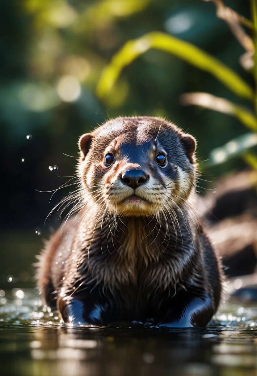 An Otter, aesthetic, (best quality,4k,8k,highres,masterpiece:1.2),ultra-detailed,(realistic:1.37),Otter,playful,adorable,curious,watercolor painting,with beautiful fur,sparkling eyes,expressive face,natural habitat,splashing water,greenery,morning light,peaceful surroundings,vivid colors,endearing,animal wildlife,amazing details,precise strokes,cute little nose,whiskers,fluffy tail,jumping,diving,foraging for food,graceful movements,gentle ripples,reflection on the water,calm atmosphere,serene,refreshing,harmony with nature,soft brushstrokes,subtle textures,exquisite shading,realistic depiction,playful expression,life-like,authentic image,sweet and innocent,emotional connection,heartwarming,classic art style,positive energy,joyful spirit