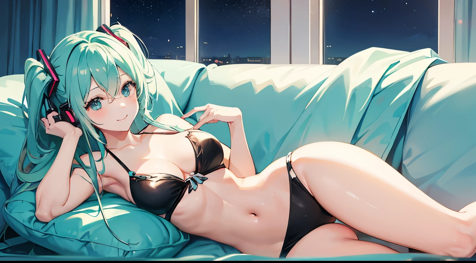 Hatsune Miku in a bikini lying on the sofa studying on a laptop、Large Breasts、Night view、smile
