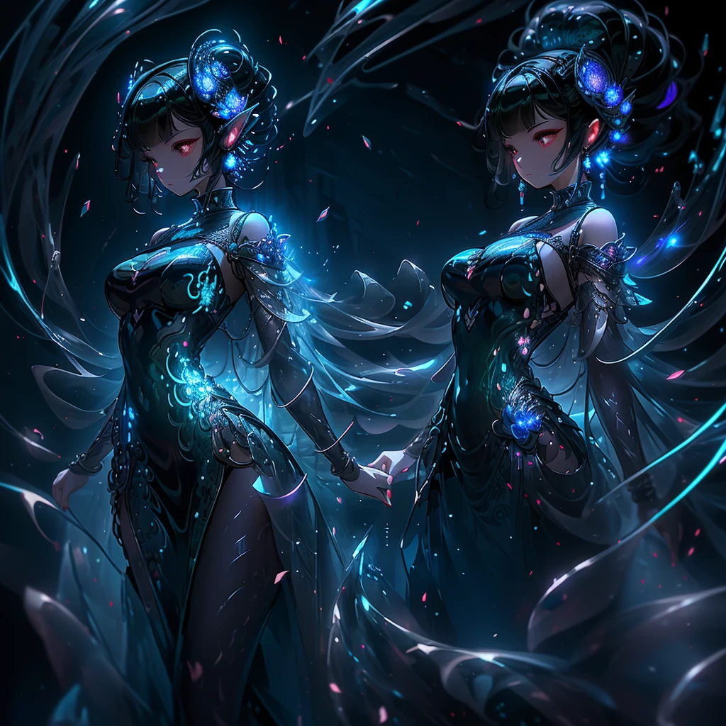 Digital Art Anime Masterpiece, Anthropomorphic Lamia Girl, Striking Silhouette, CGI Masterpiece, Scales like the shimmering currents of moving water hyacinth, Ethereal Gown, Intricately Detailed, Swirling, Melting Glowing Slime Art, Twisted Mist Auras, Glowing Dark Scheme, High Detail and Ultra-Realism, Volumetric Lighting, 4K Rendering, Lifelike Texture, Dramatic Lighting, Illusory Engine, Midnight-hued Illumination, Slinky and Seductive Posture, Lovely Lamia Lady,

The image captures