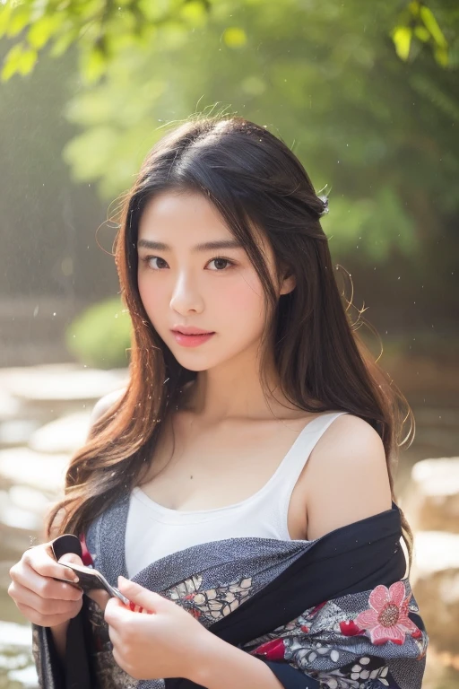 A captivating Masterpiece: 1.3, showcasing a single Japanese woman in Best quality: 1.3, is depicted with an Ultra-high resolution: 1.2. Her features are rendered with extraordinary precision, highlighting her flawless skin and radiant complexion: 1.4.

Her long, wavy hair with a hint of silver from the rain, cascades down her shoulders: 1.2, creating a silken waterfall effect. The raindrops cling to her strands, enhancing the sense of tranquility.

She is clad in a traditional kimono: 1.2, adorned with intricate pattern