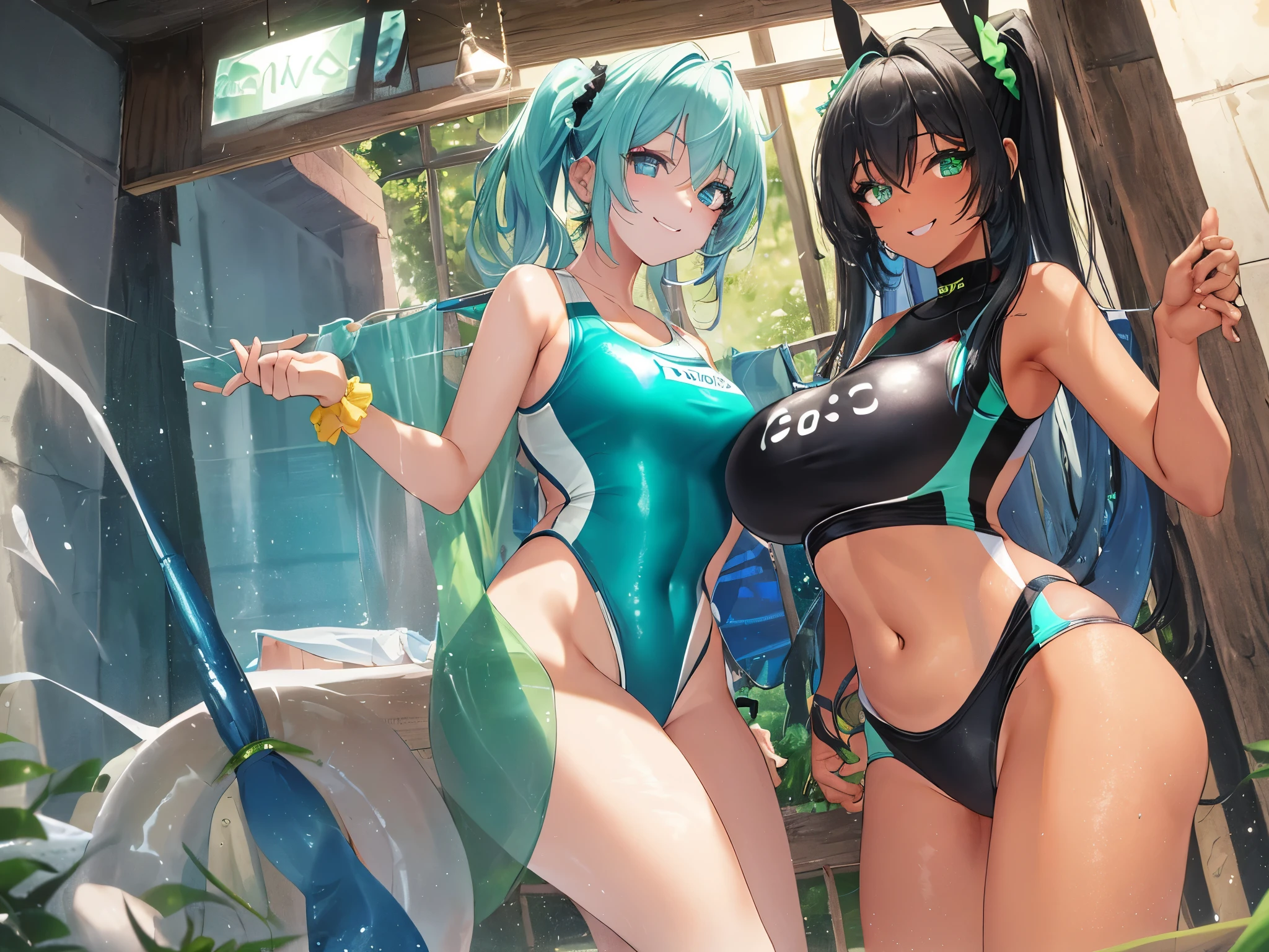 1 girl, thick bluish eyeshadow, thin eyebrows, thick black eyeliner, Highlighted eyes with eyeliner, false eyelashes,,(tanned skin:1.2),Scrunchie,(large breasts:0.5),,gyaru,smile,green eye,(((competition swimsuit))),latex