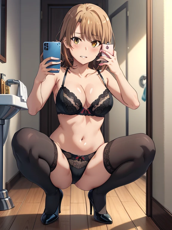 ((masutepiece, Best Quality, hight resolution, nffsw, Perfect Pixel, depth of fields, 4K, )), 1girl in, Solo, , Beautiful anime girl, Beautiful Art Style,
squatting:1.3, bathroom background, Looking at viewer.
Perfect body, ;), spread legs, black heels:1.5, show teeth, front facing:1.4, selfie in mirror:1.5,
isshiki iroha, large breasts, Full face blush, black stockings, black lingerie,
straight on:1.3, medium shot