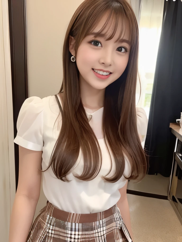 A beautiful Japanese shy girl, age 18 years old, short brown hair, brown big eyes, shiny lip, shiny hair, ecstatic expression, wearing white blouse, plaid mini skirt, The background is very blurry, wearing high heels, A photo showing the whole body,
