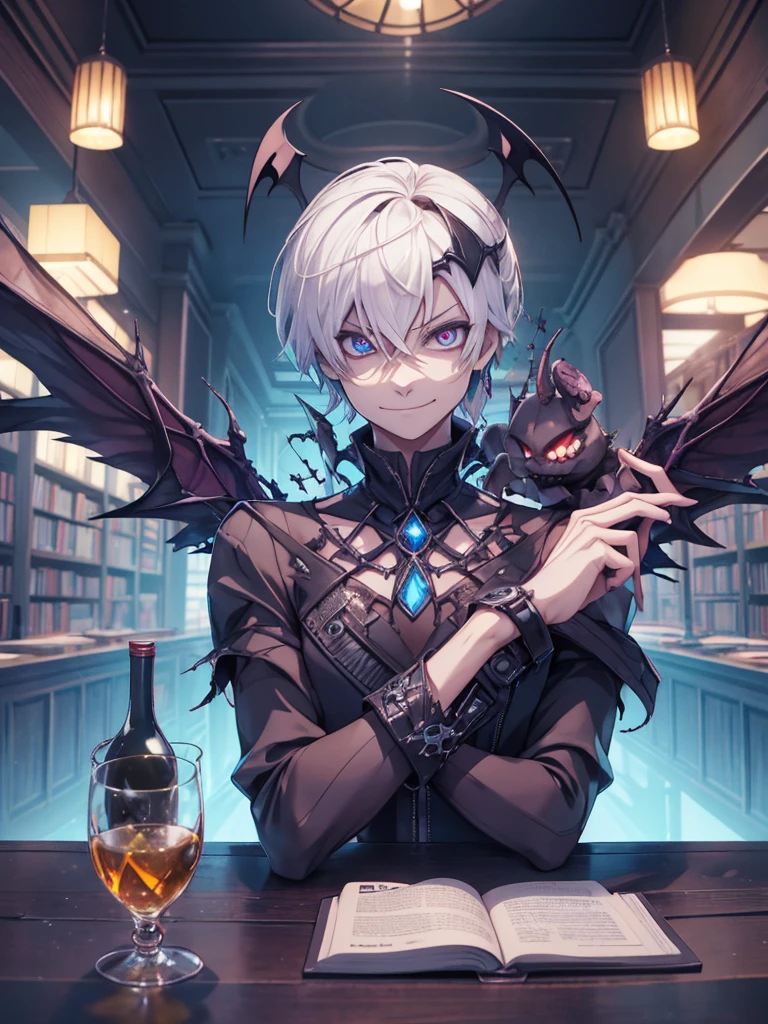 a artegem Androgynous smiling man, sorriso mad, dynamic pose with a gargoyle with wings on the arm, crepusculo branco no cabelo, beautiful high level of pa pasteurization high level, man muscular, sitting at a table with a glass of wine, epic splash cover art, pastel goth aesthetic, ios, poggers, ) ominous vibes, sorriso mad, detalhes neon, cobalt, girl screamin yolo - aesthetic, 7 7 7 7, skullish, cr3, the best on cgsociety, gloomy library, guilt, gamedev,  Niji_smile:1> ar----16:9 