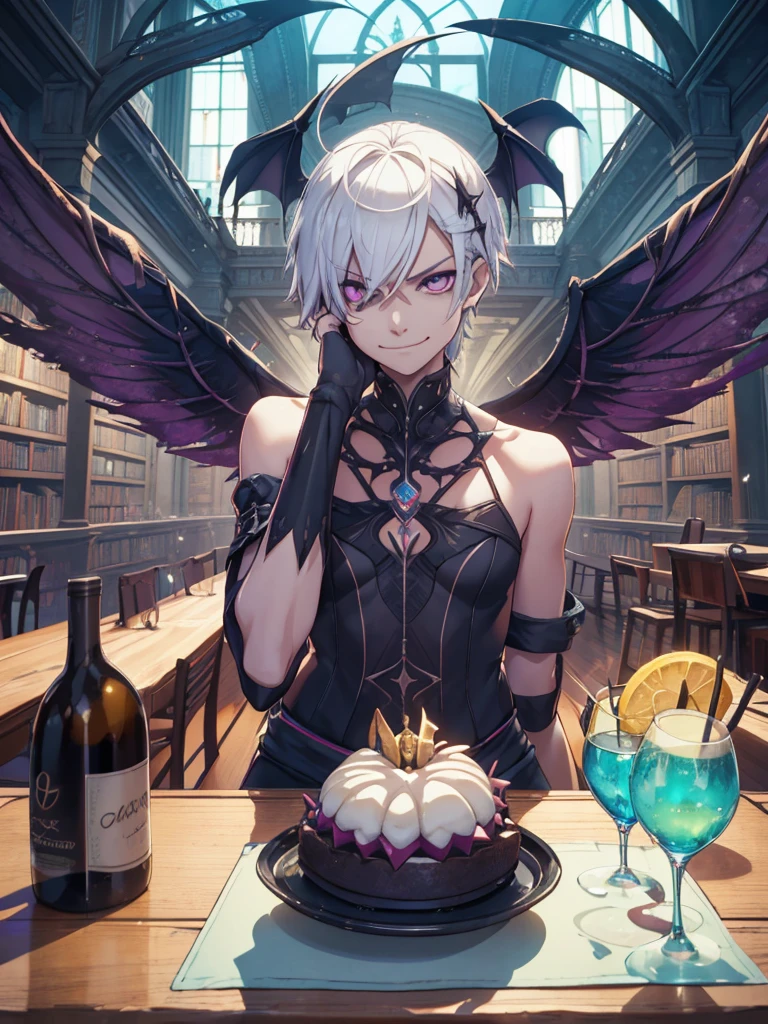 a artegem Androgynous smiling man, sorriso mad, dynamic pose with a gargoyle with wings on the arm, crepusculo branco no cabelo, beautiful high level of pa pasteurization high level, man muscular, sitting at a table with a glass of wine, epic splash cover art, pastel goth aesthetic, ios, poggers, ) ominous vibes, sorriso mad, detalhes neon, cobalt, girl screamin yolo - aesthetic, 7 7 7 7, skullish, cr3, the best on cgsociety, gloomy library, guilt, gamedev, Niji_smile:1> ar----16:9