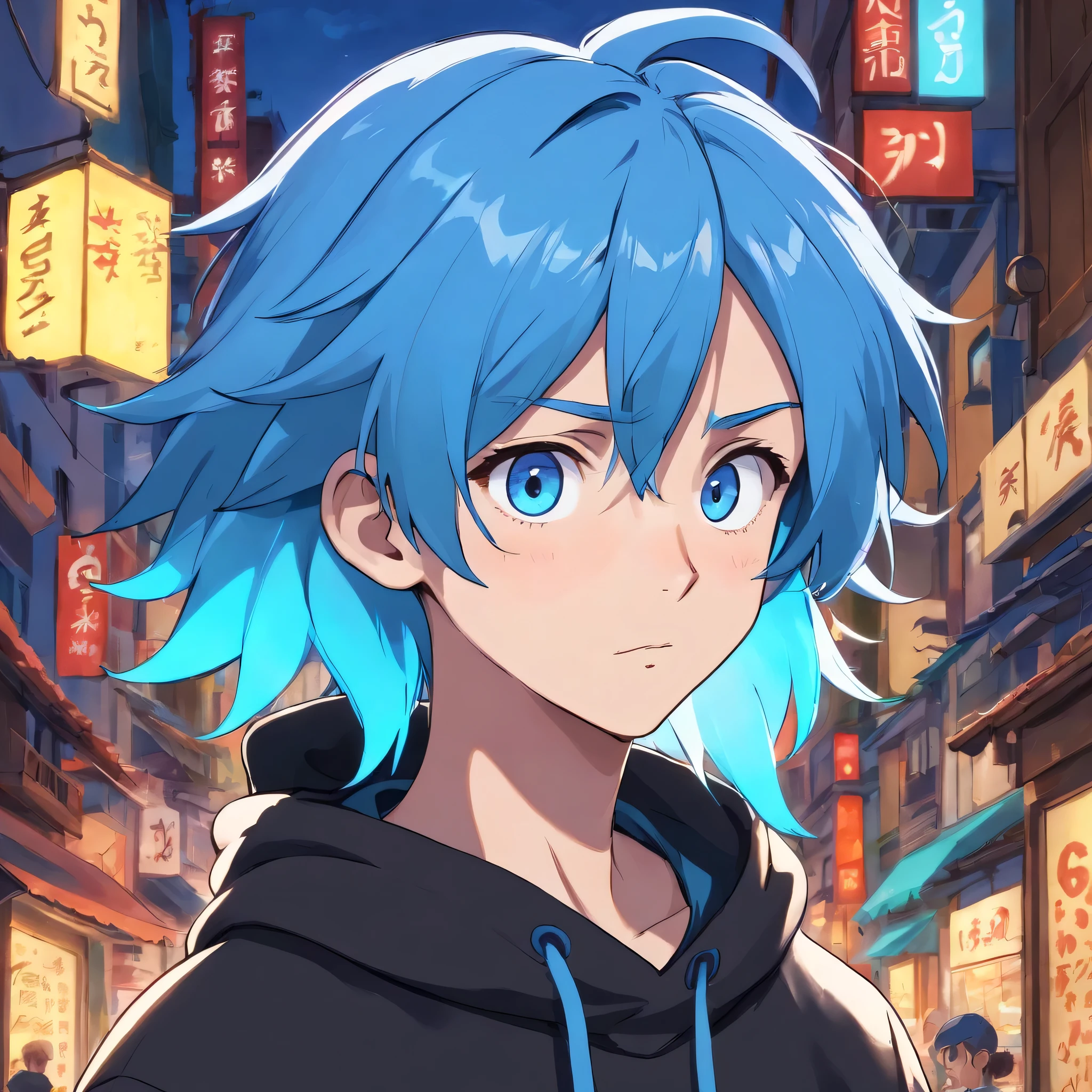 Avatar of a confused anime guy with blue hair and blue eyes wearing a black hoodie