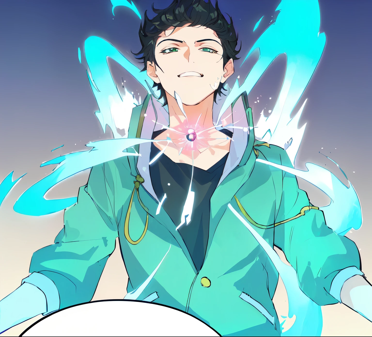 garoto de anime com olhos azuis e uma jaqueta verde, com poderes de gelo, inspirado em Bian Shoumin, tsunami behind him, se ele tivesse poderes de gelo, esse personagem tem criocinese, he is casting a lighting spell, Heise Jinyao, inspirado em Okumura Masanobu, Curador, Kentaro Miura manga art style