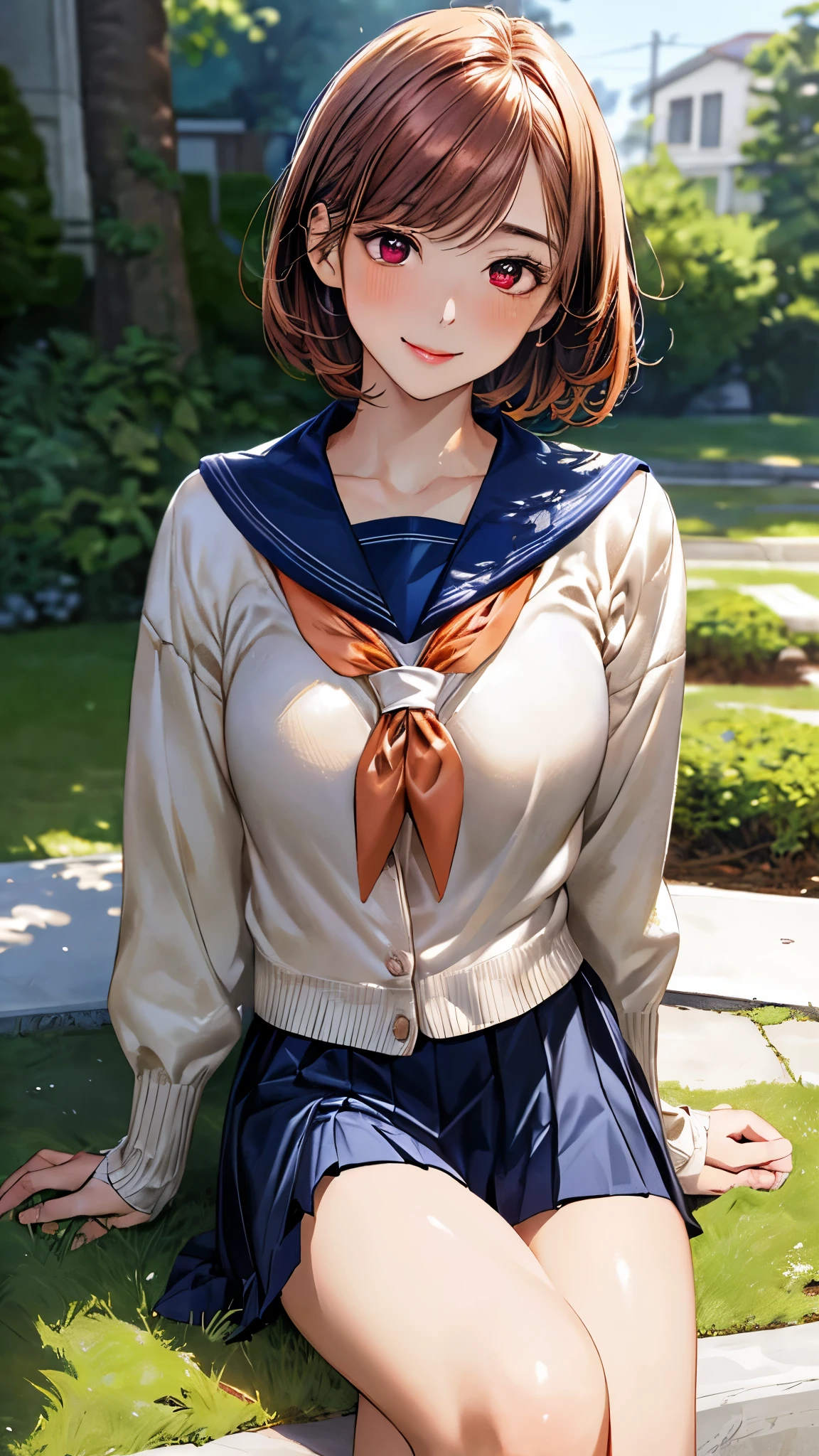 (masterpiece:1.3, top-quality, ultra high res, ultra detailed), (realistic, photorealistic:1.4), beautiful illustration, perfect lighting, natural lighting, colorful, depth of fields, surrealism, 
beautiful detailed hair, beautiful detailed face, beautiful detailed eyes, beautiful clavicle, beautiful body, beautiful chest, beautiful thigh, beautiful legs, beautiful fingers, shiny skin, 
looking at viewer, 1 girl, japanese, high school girl, (perfect anatomy, anatomically correct, super detailed skin), cute and symmetrical face, babyface, perfect face, perfect eyes, perfect fingers,
(short hair, straight hair, long sideburns, copper tone hair), asymmetrical bangs, maroon eyes, drooping eyes, big eyes, long eyelashes, (medium breasts, seductive thighs), glamorous body, 
(detailed cloth texture, (cute, long sleeves, break, navy blue pleated skirt, navy blue sailor collar, break, orange sailor scarf, break, light orange cardigan), break, hair clips, white socks), 
(beautiful scenery), morning, (grassy), , (lovely smile, upper eyes), 
