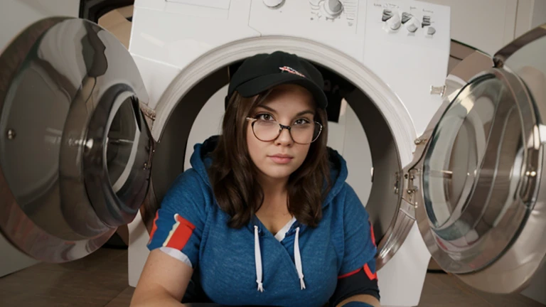 brunette ssbbw wearing leggings and a hoodie with glasses and a baseball cap stuck in the washing machine, 