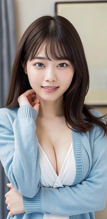 (8k), (highest quality: 1.2), (Realistic), (Realistic: 1.37), Ultra-high resolution, 1 girl, Head to knee photo、cute, smile, Mouth closed, Beautiful details, Beautiful Nose, whole body, Wet Hair, Giant Dulcefo, pork, , (Large Breasts)、Saggy breasts、Soft Breasts、Overflowing breasts、White blouse and greyish knit cardigan、隠しきれないLarge Breasts、Nipples、Voluptuous thighs、Odd Eye、Heterochromia iridis