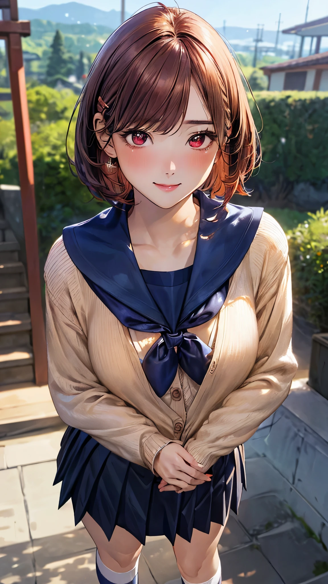 (masterpiece:1.3, top-quality, ultra high res, ultra detailed), (realistic, photorealistic:1.4), beautiful illustration, perfect lighting, natural lighting, colorful, depth of fields, surrealism, 
beautiful detailed hair, beautiful detailed face, beautiful detailed eyes, beautiful clavicle, beautiful body, beautiful chest, beautiful thigh, beautiful legs, beautiful fingers, shiny skin, 
looking at viewer, 1 girl, japanese, high school girl, (perfect anatomy, anatomically correct, super detailed skin), cute and symmetrical face, babyface, perfect face, perfect eyes, perfect fingers,
(short hair, straight hair, long sideburns, copper tone hair), asymmetrical bangs, maroon eyes, drooping eyes, big eyes, long eyelashes, (medium breasts, seductive thighs), glamorous body, 
(detailed cloth texture, (cute, long sleeves, break, navy blue pleated skirt, navy blue sailor collar, break, orange sailor scarf, break, light orange cardigan), break, hair clips, white socks), 
(beautiful scenery), morning, (grassy), , (lovely smile, upper eyes), 