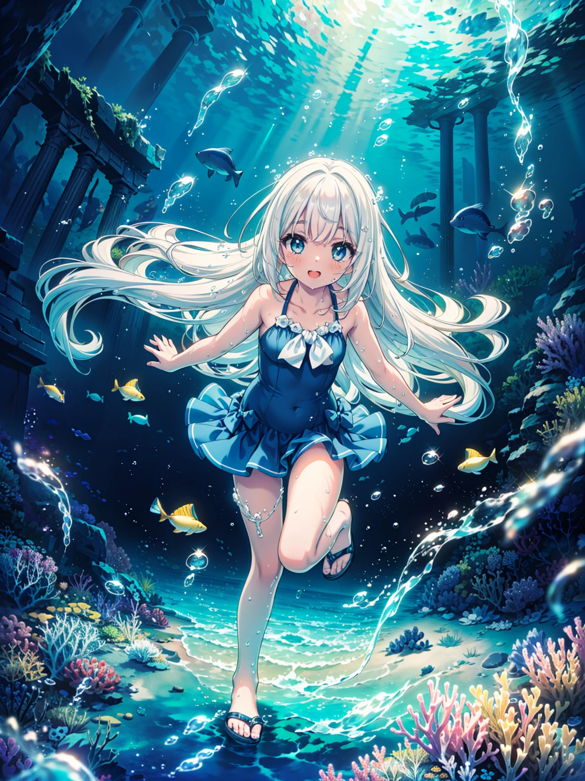 masterpiece, best quality, absurdres, 1girl, :), Deep under the sea, (white marble Greek temple under water), a girl floating in water, white_hair, dark_skin, fishs, Tyndall light, under sea, under ocean, underwater, submerged water, deep submersion