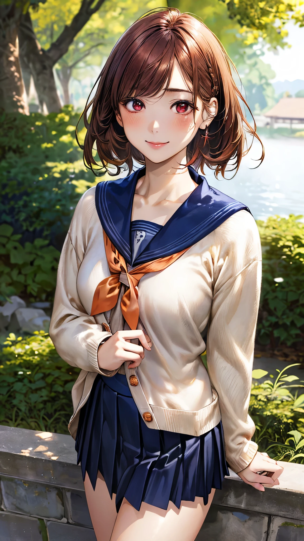 (masterpiece:1.3, top-quality, ultra high res, ultra detailed), (realistic, photorealistic:1.4), beautiful illustration, perfect lighting, natural lighting, colorful, depth of fields, surrealism,
beautiful detailed hair, beautiful detailed face, beautiful detailed eyes, beautiful clavicle, beautiful body, beautiful chest, beautiful thigh, beautiful legs, beautiful fingers, shiny skin,
looking at viewer, 1 girl, japanese, high school girl, (perfect anatomy, anatomically correct, super detailed skin), cute and symmetrical face, babyface, perfect face, perfect eyes, perfect fingers,
(short hair, straight hair, long sideburns, copper tone hair), asymmetrical bangs, maroon eyes, drooping eyes, big eyes, long eyelashes, (medium breasts, seductive thighs), glamorous body,
(detailed cloth texture, (cute, long sleeves, break, navy blue pleated skirt, navy blue sailor collar, break, orange sailor scarf, break, light orange cardigan), break, hair clips, white socks),
(beautiful scenery), morning, (grassy), , (lovely smile, upper eyes),