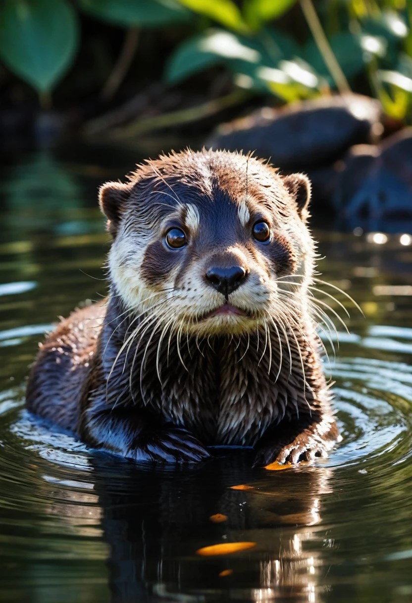An Otter, aesthetic, (best quality,4k,8k,highres,masterpiece:1.2),ultra-detailed,(realistic:1.37),Otter,playful,adorable,curious,watercolor painting,with beautiful fur,sparkling eyes,expressive face,natural habitat,splashing water,greenery,morning light,peaceful surroundings,vivid colors,endearing,animal wildlife,amazing details,precise strokes,cute little nose,whiskers,fluffy tail,jumping,diving,foraging for food,graceful movements,gentle ripples,reflection on the water,calm atmosphere,serene,refreshing,harmony with nature,soft brushstrokes,subtle textures,exquisite shading,realistic depiction,playful expression,life-like,authentic image,sweet and innocent,emotional connection,heartwarming,classic art style,positive energy,joyful spirit