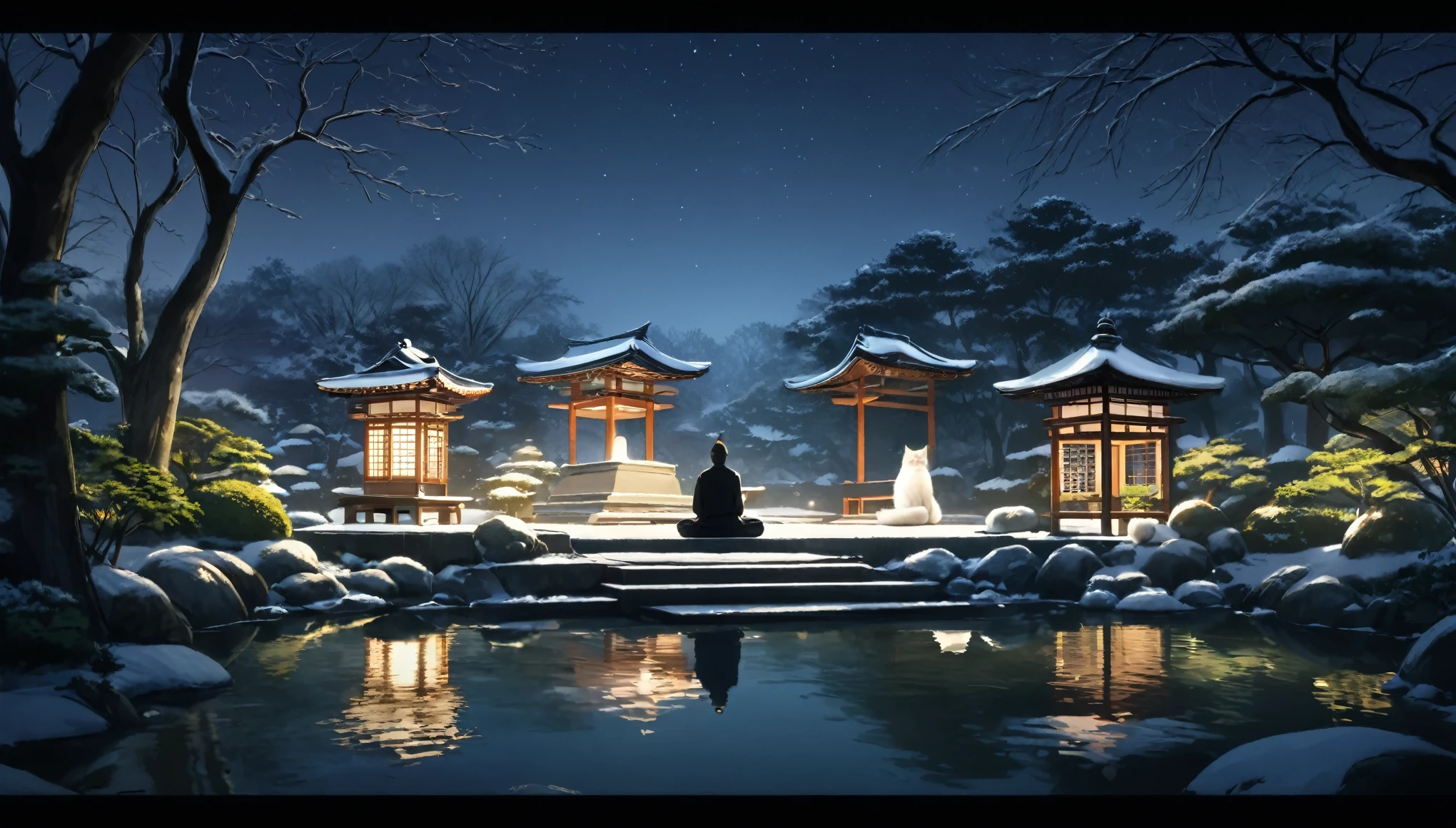 Pessoa oriental meditando cercada de gatos. The setting is a Japanese winter garden, sob a luz do luar. Belo landscape com um jardim de inverno.   night sky. cinematic lighting. Pessoa meditando. meditation 