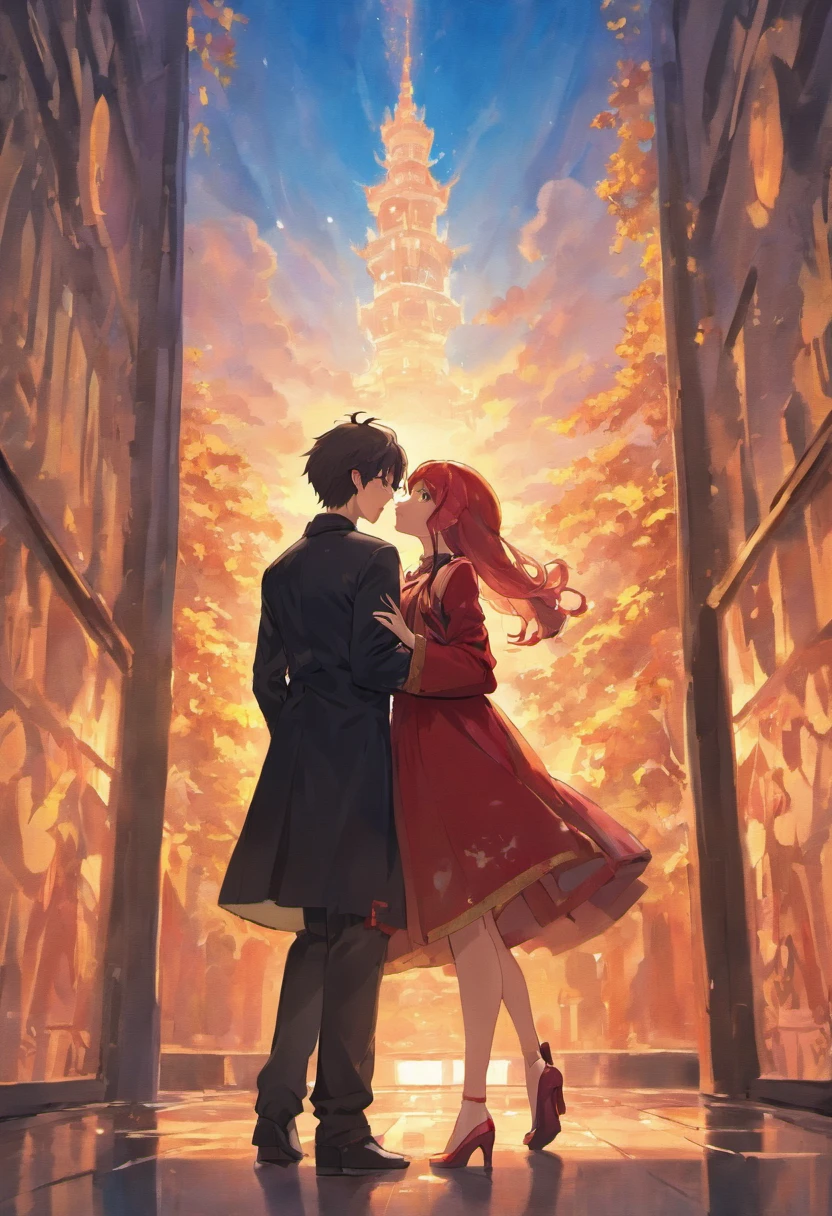 couple in love not in grief against the backdrop of sunrise, warm sunlight. People up to the waist, detailing, young man in a black jacket, girl in a red evening dress with a developing stole, ( sexy pose), (kiss), palace garden background