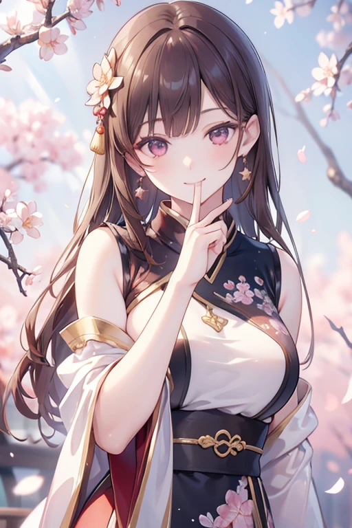 masterpiece, highly detailed 8k unity CG wallpaper, 1 girl, beautiful, realistic, blurred, blurred_background, blurred_foreground, branch, brown_hair, plum blossom, depth_of_field, earrings, flowers, jewelry, nose, realistic, solo, chinese clothes , hidden finger, hidden arm , smile 