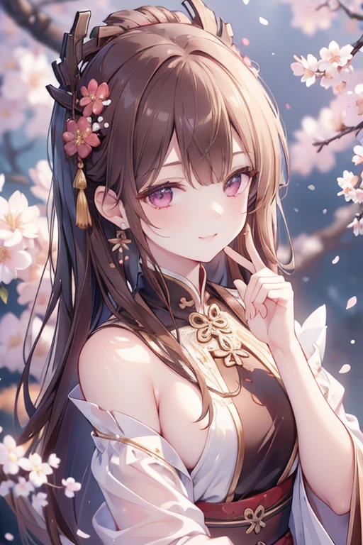 masterpiece, highly detailed 8k unity CG wallpaper, 1 girl, beautiful, realistic, blurred, blurred_background, blurred_foreground, branch, brown_hair, plum blossom, depth_of_field, earrings, flowers, jewelry, nose, realistic, solo, chinese clothes , hidden finger, hidden arm , smile