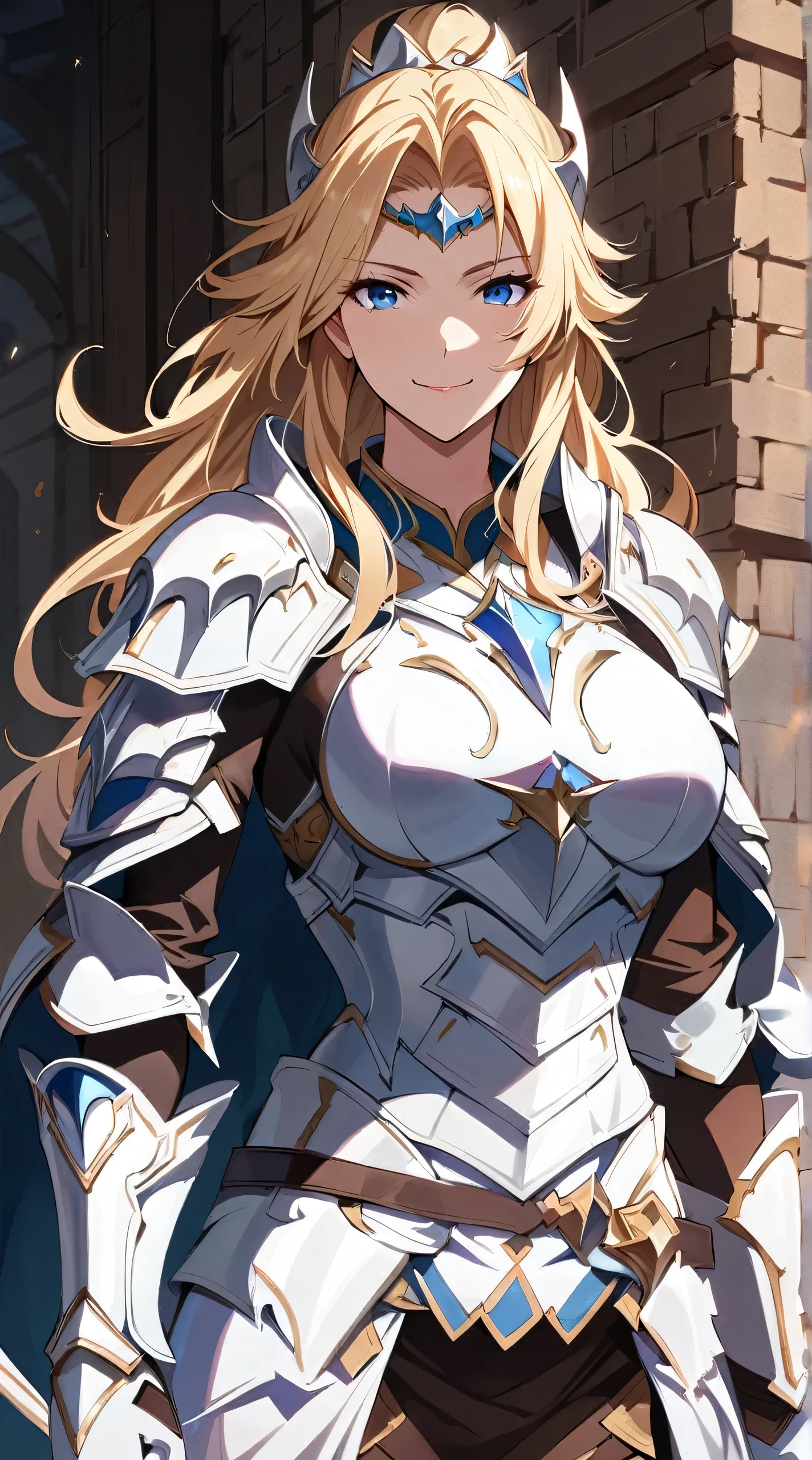 (best quality,4k,8k,highres,masterpiece:1.2),ultra-detailed,(walpaper) ((anime Waifu)) ((anime women)) ((female anime character)),
a woman in armor stands in front of a brick wall,
granblue fantasy,
white armor,
a very beautiful berserker woman,
scales covering her chest,
detailed white armor,
pretty female cleric,
blonde anime girl with long hair,
fus rei,
in opal armor,
inspired by Li Chevalier,
solo,
(mature),
(20 year old),
(close up shot),
(detailed face),
(upper body),
(front view) Smiling
((Hair tied back))