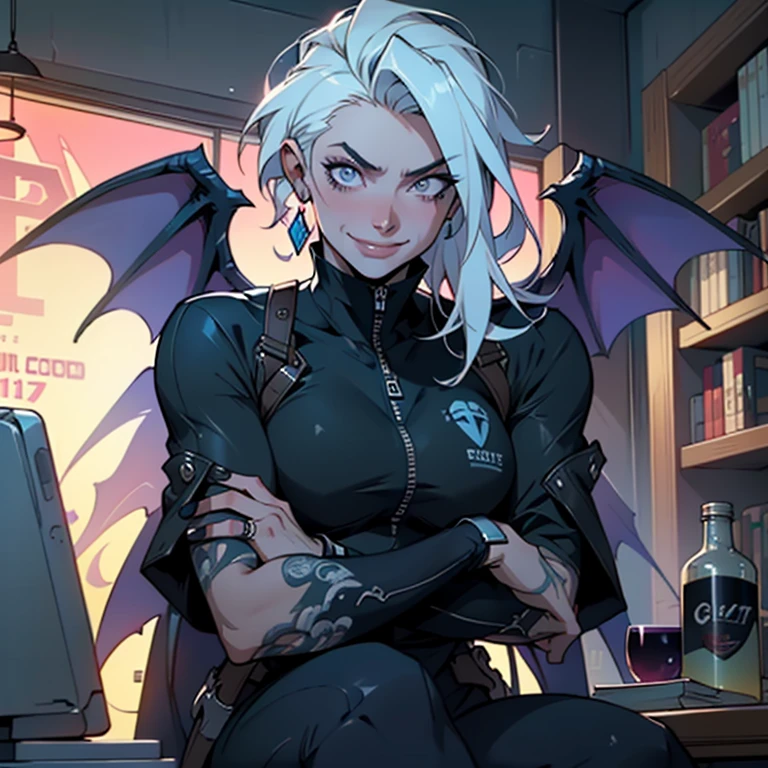 a artegem Androgynous smiling man, sorriso mad, dynamic pose with a gargoyle with wings on the arm, crepusculo branco no cabelo, beautiful high level of pa pasteurization high level, man muscular, sitting at a table with a glass of wine, epic splash cover art, pastel goth aesthetic, ios, poggers, ) ominous vibes, sorriso mad, detalhes neon, cobalt, girl screamin yolo - aesthetic, 7 7 7 7, skullish, cr3, the best on cgsociety, gloomy library, guilt, gamedev, Niji_smile:1> ar----16:9