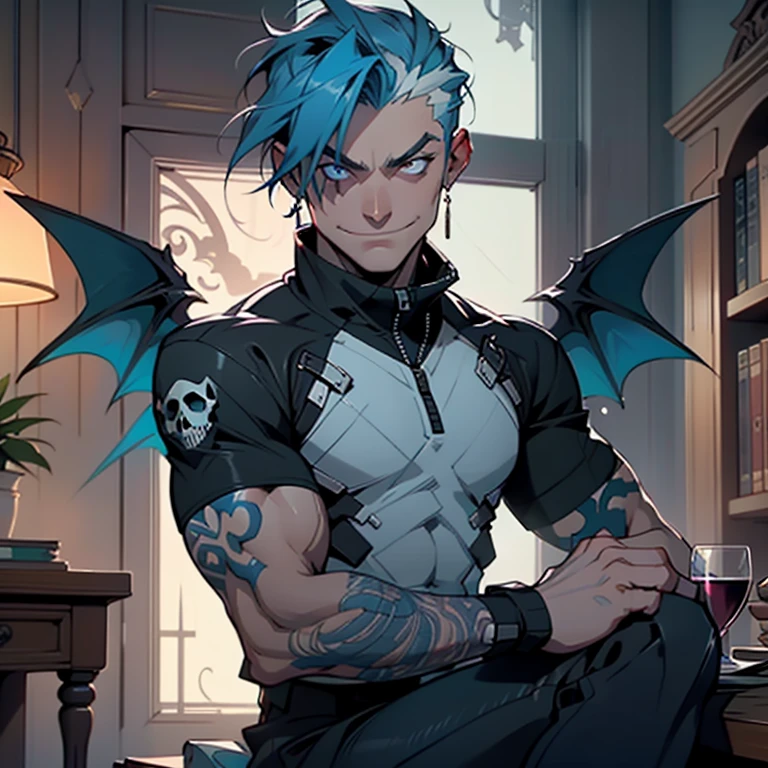 a artegem Androgynous smiling man, sorriso mad, dynamic pose with a gargoyle with wings on the arm, crepusculo branco no cabelo, beautiful high level of pa pasteurization high level, man muscular, sitting at a table with a glass of wine, epic splash cover art, pastel goth aesthetic, ios, poggers, ) ominous vibes, sorriso mad, detalhes neon, cobalt, girl screamin yolo - aesthetic, 7 7 7 7, skullish, cr3, the best on cgsociety, gloomy library, guilt, gamedev,  Niji_smile:1> ar----16:9 