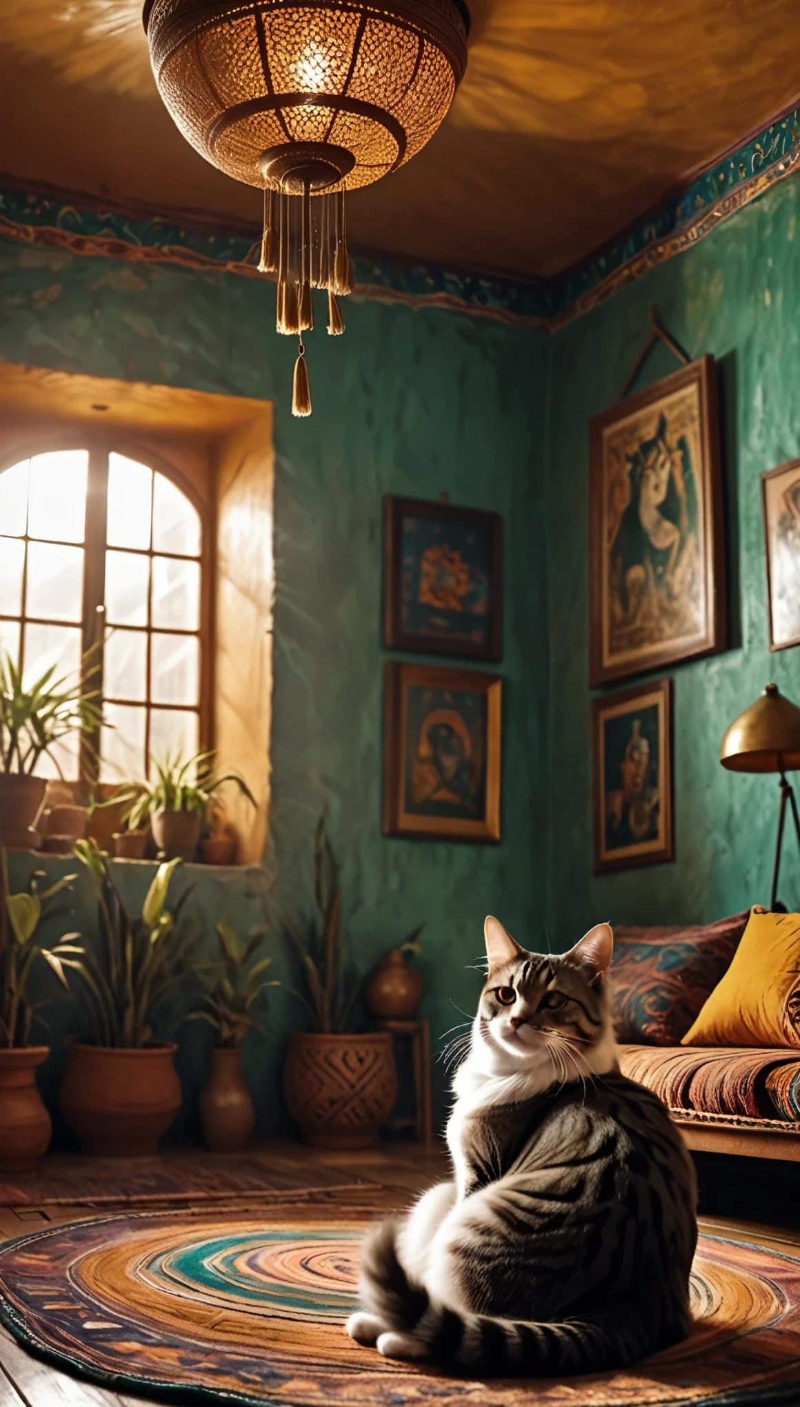 Pessoa ocidental meditando cercada de gatos. The setting is the interior of a beautiful room with boho style decor.. cinematic lighting. Pessoa meditando. meditation. ultra HD pessoa meditando.