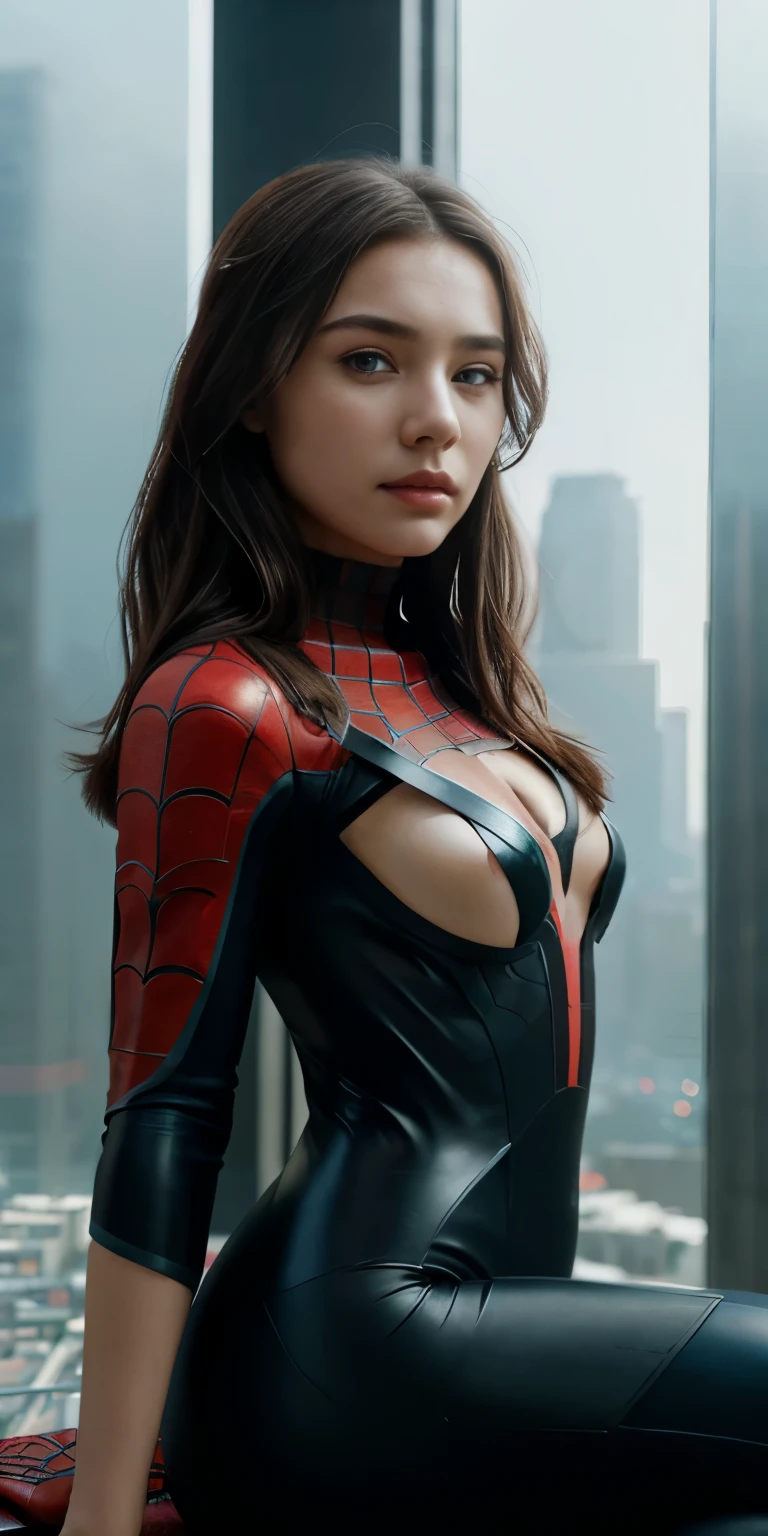 (1girl:1.3), Solo, (((Very detailed face)))), ((Very detailed eyes and face)))), Beautiful detail eyes, Body parts__, Official art, Unified 8k wallpaper, Super detailed, beautiful and beautiful, beautiful, masterpiece, best quality, original, masterpiece, super fine photo, best quality, super high resolution, realistic realism, sunlight, full body portrait, amazing beauty, dynamic pose, delicate face, vibrant eyes, (from the front), She wears Spider-Man suit, red and black color scheme, spider, very detailed city roof background, rooftop, overlooking the city, detailed face, detailed complex busy background, messy, gorgeous, milky white, highly detailed skin, realistic skin details, visible pores, clear focus, volumetric fog, 8k uhd, DSLR, high quality, film grain, fair skin, photo realism, lomography, futuristic dystopian megalopolis, translucent