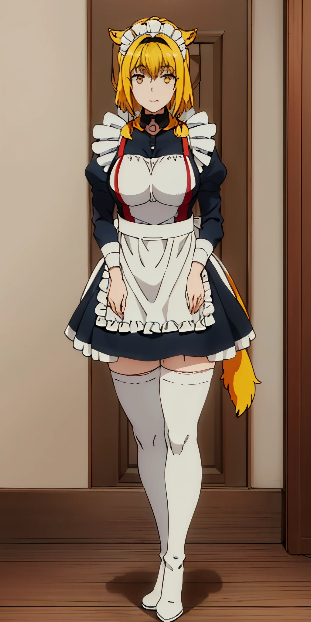 (mature female:1.4), masterpiece, best quality (maid, maid headdress, maid apron), standing, indoors, window, masterpiece, best quality, high quality, long hair, yellow eyes, full body, def_effie, blue breastplate, looking at viewer, shiny armor, thigh highs, high boots, shoulder armor, faulds, poleyn, red gloves gauntlets, Roxanne dog fluffy ears