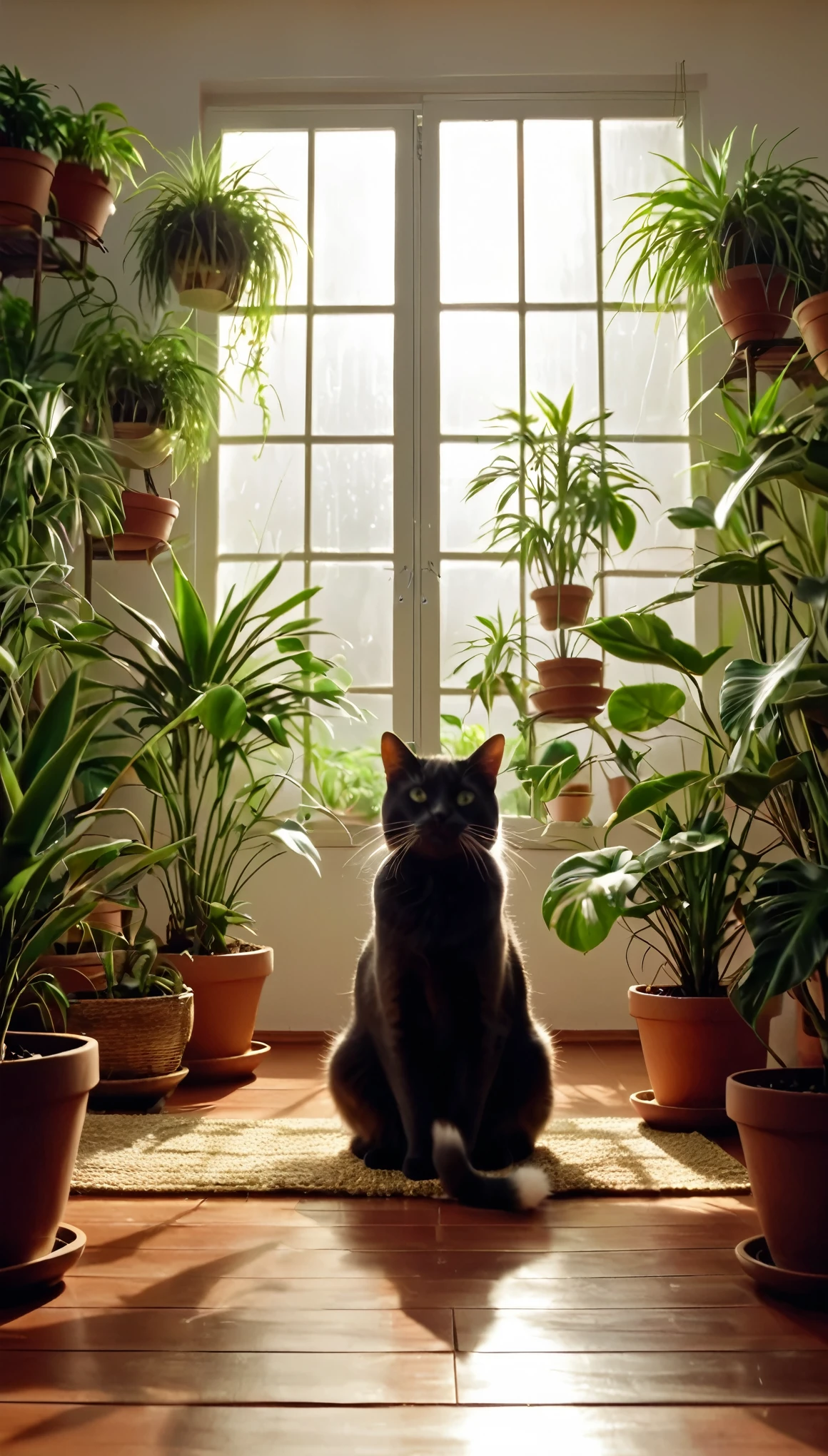 Pessoa ocidental meditando cercada de gatos. The setting is the interior of a beautiful room with many potted plants. cinematic lighting. Pessoa meditando. meditation. ultra HD pessoa meditando.